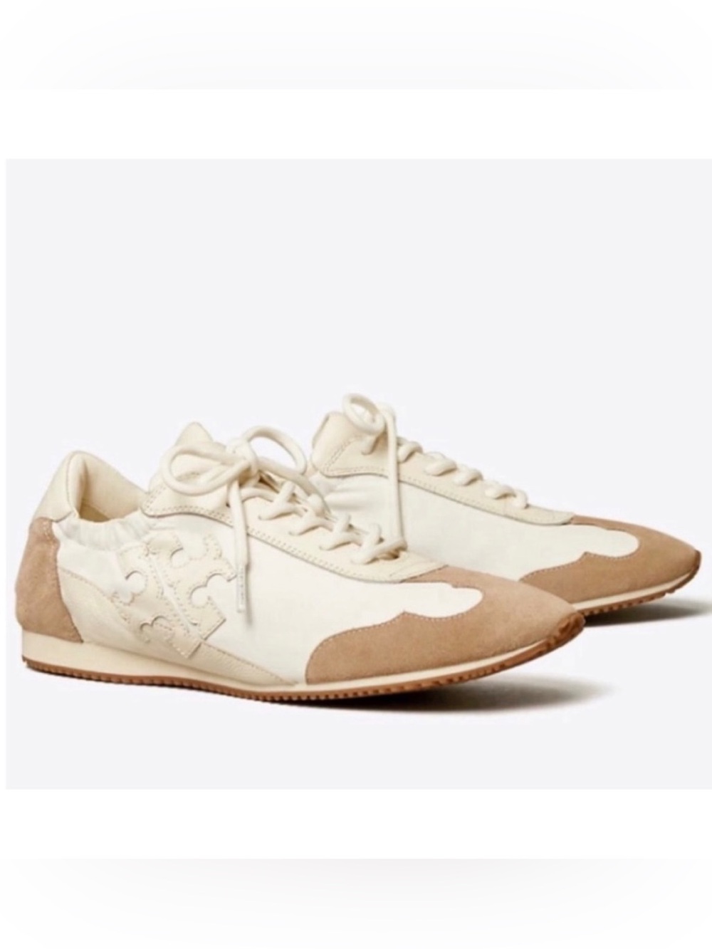 Tory Burch Tory Leather Suede Logo Lace Up Sneakers Ivory Tan 9.5 Retro Designer